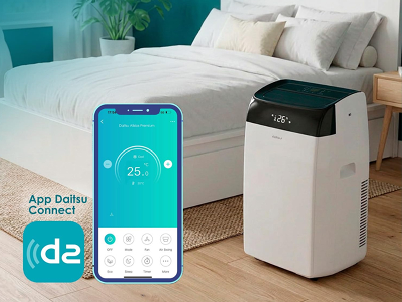 Control WiFi incluido con app Daitsu Connect Una de las principales ventajas de este equipo es que incluye control WiFi, permitiendo gestionar la unidad desde cualquier localización mediante smartphone o tablet a través de la aplicación Daitsu Connect. Desde la app puedes encender y apagar el equipo, ajustar la temperatura, cambiar el modo de funcionamiento, gestionar la programación y controlar el aire acondicionado incluso desde fuera de casa. Esta conectividad permite preparar la estancia antes de llegar, mejorar el confort diario y evitar consumos innecesarios.